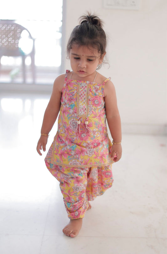 Floral Yellow & Pink Patiala Set for Baby Girls
