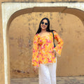 Yellow Floral Printed Kurti with pearl tassel sleeves for women